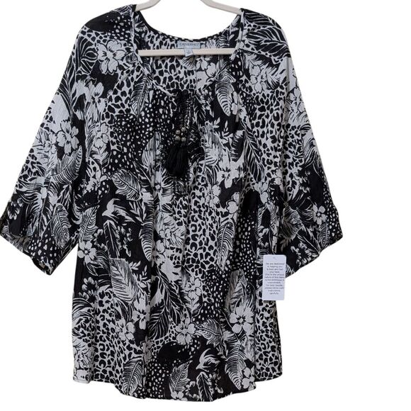 Catherines Tops - NWT Catherines black white cotton floral tropical top tassel 3/4 sleeve plus 1X